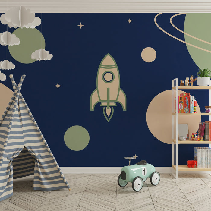 Kinderkamer behang | Ruimteavontuur met raket en planeten