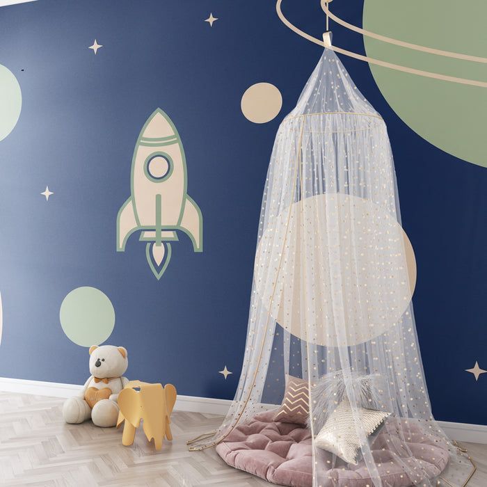 Kinderkamer behang | Ruimteavontuur met raket en planeten