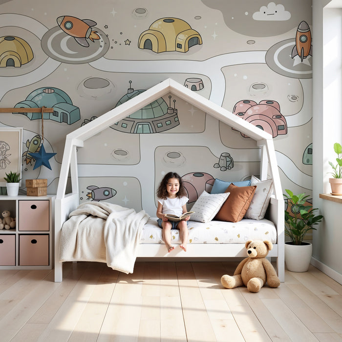Papel pintado infantil | Aventura espacial y cohetes coloridos