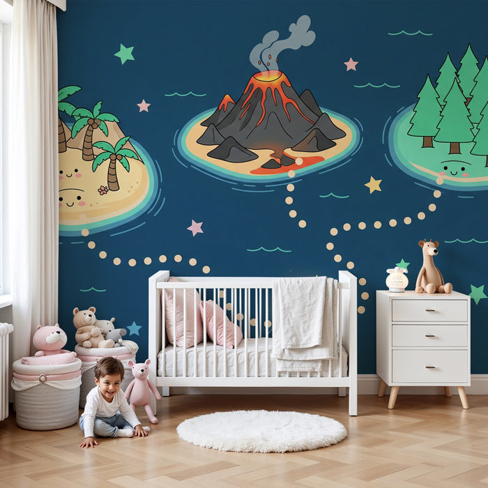 Papel pintado infantil | Aventura en un mapa del tesoro en el fondo nocturno