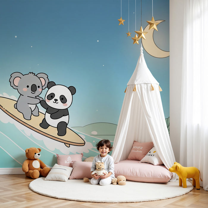 Papier peint chambre enfant | Aventure sur une planche de surf avec des animaux trop mignons