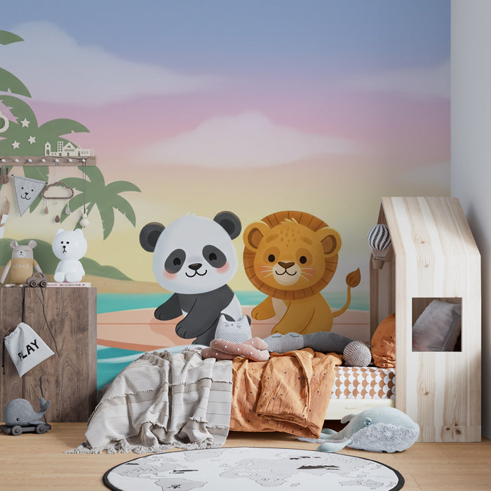 Kids room wallpaper | Tropical adventure with panda and lion