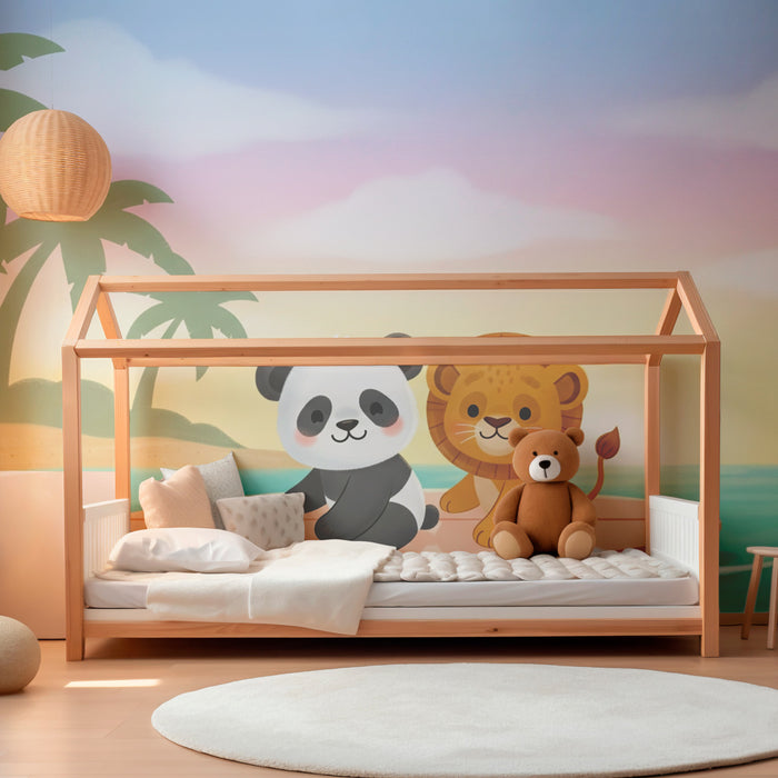 Kids room wallpaper | Tropical adventure with panda and lion