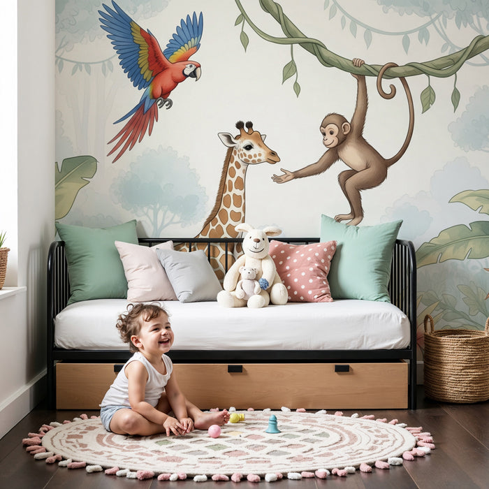 Carta da parati bambini | Avventure nella giungla con giraffa e scimmia