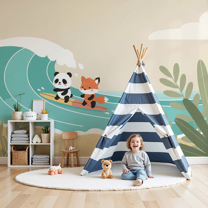 Papier peint chambre enfant | Aventures de surfeurs pandas et renards