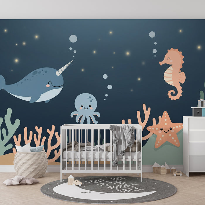 Papier peint chambre enfant | Aventures marines avec animaux joyeux