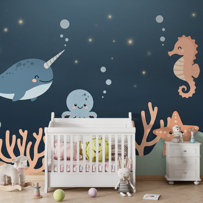Papier peint chambre enfant | Aventures marines avec animaux joyeux