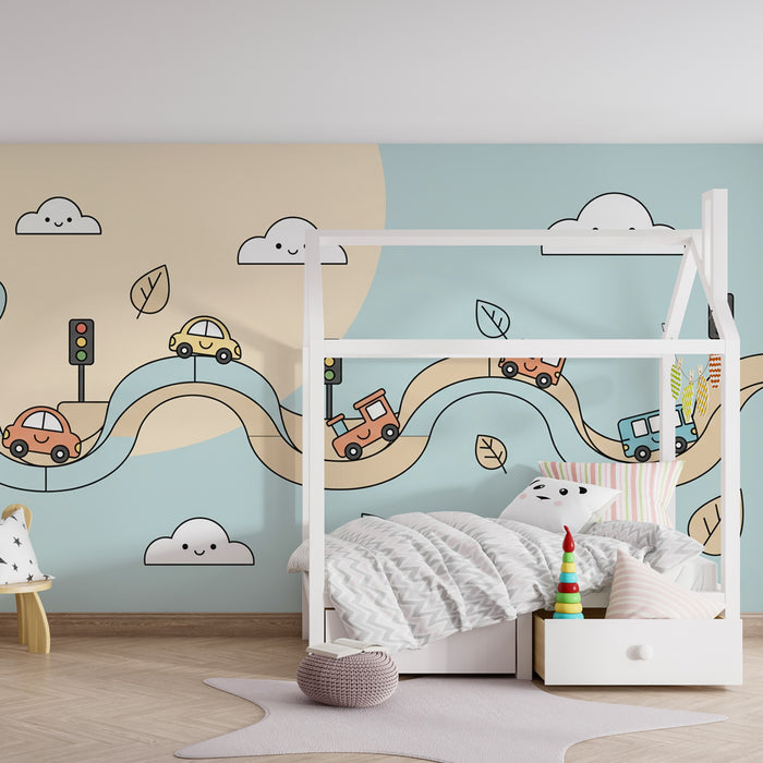Papier peint chambre enfant | Aventures sur la route avec voitures joyeuses
