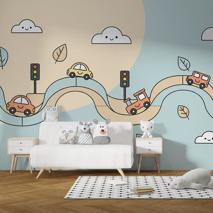 Papier peint chambre enfant | Aventures sur la route avec voitures joyeuses