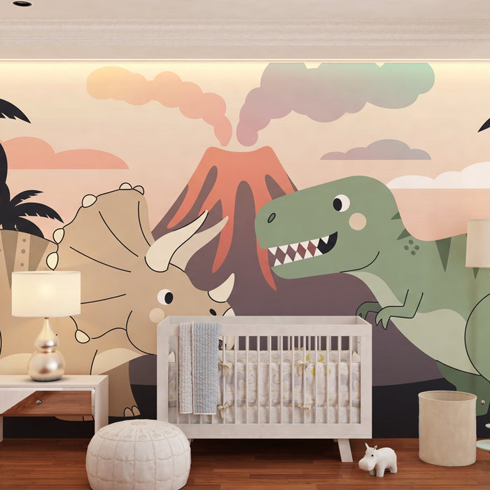 Papel pintado infantil | Aventureros de dinosaurios en el volcán