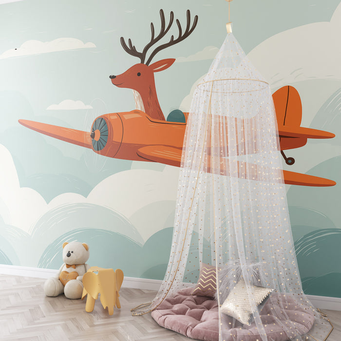 Papier peint chambre enfant | Avion et cerf aventurier dans le ciel