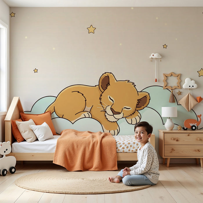 Papel pintado infantil | Bebé león en una nube estrellada