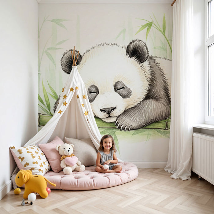 Kinderkamer behang | Slapende baby panda tussen de bamboe
