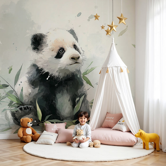 Papier peint chambre enfant | Bébé panda et bambous