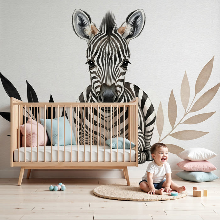 Tapeta dětského pokoje | Dětské zebra uprostřed listů