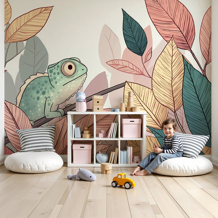 Kinderzimmer Tapete | Chamäleon und bunte Blätter