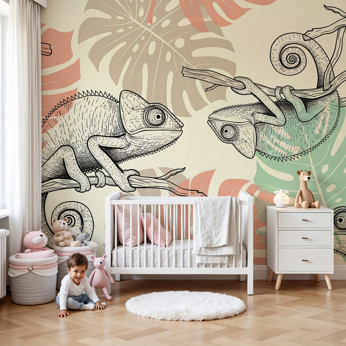Papel pintado infantil | Camaleones y follaje tropical