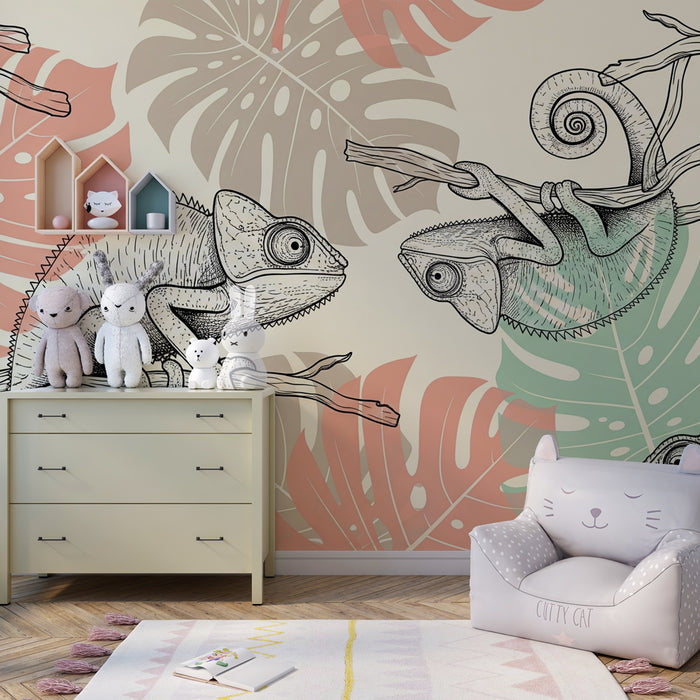 Kinderkamer behang | Kameleons en tropische bladeren