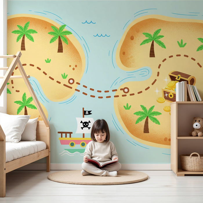 Kids room wallpaper | Pirate treasure map and tropical island