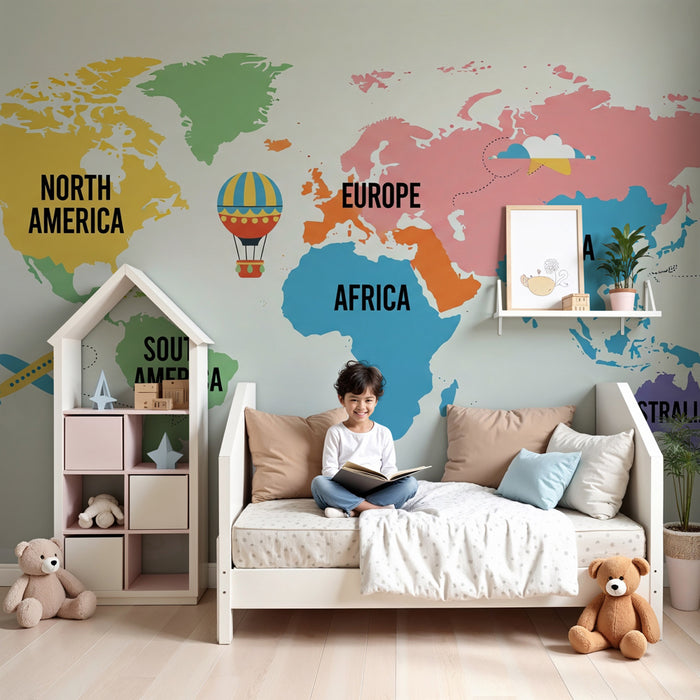 Kids room wallpaper | Värviline maailmakaart koos lennukite ja õhupallidega