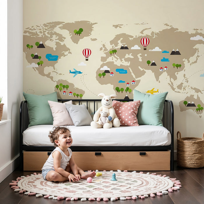Kids room wallpaper | Värviline maailmakaart koos lennukite ja maastikega