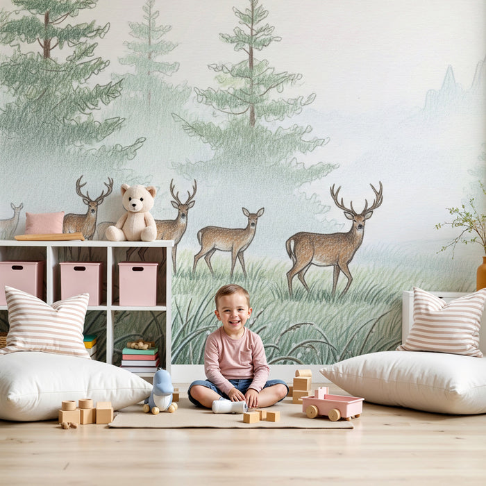 Kinderkamer behang | Herten in het mistige bos
