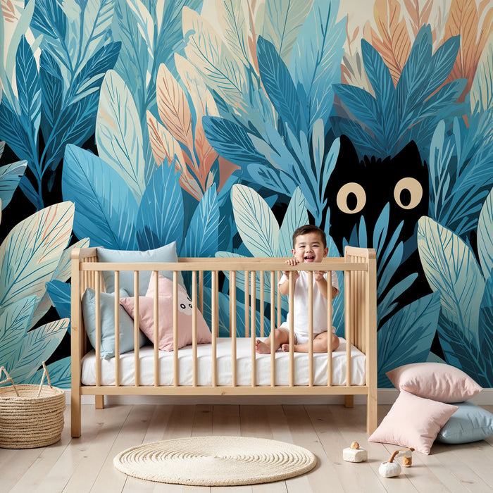 Papier peint chambre enfant | Chat noir caché dans la jungle bleue