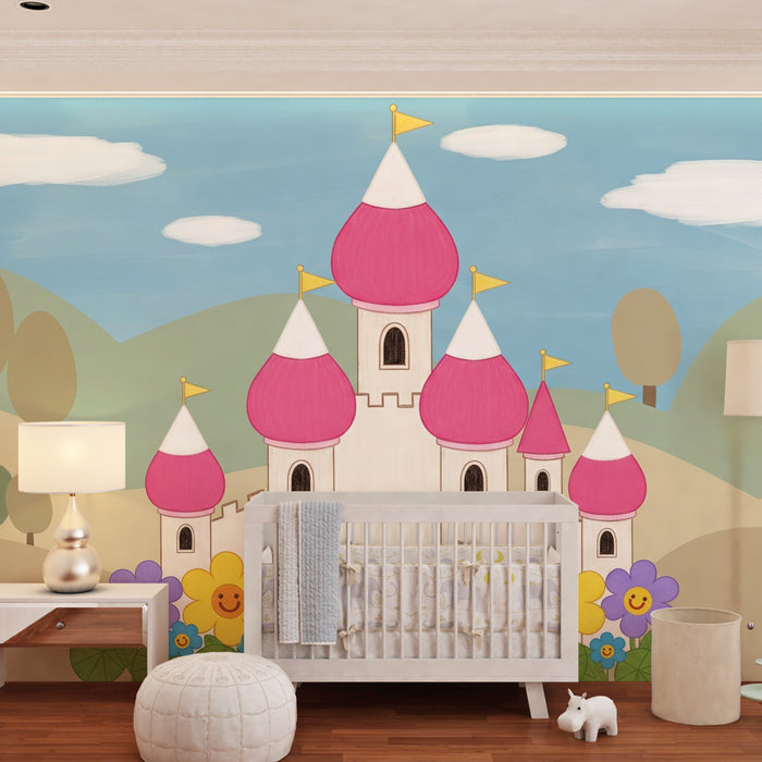 Kids room wallpaper | Enchanted castle and smiling flowers