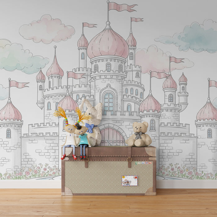 Tapet pentru camera copilului | Castel fermecat și unicorn