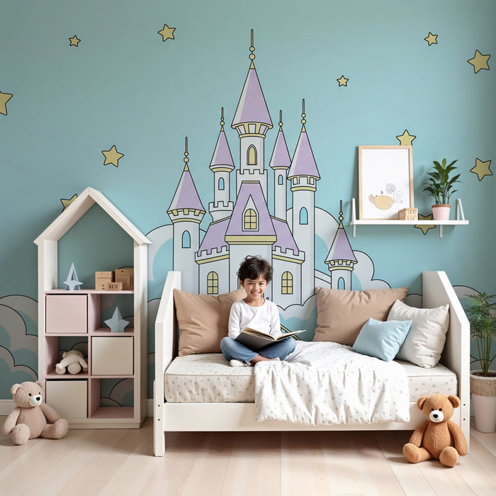 Kinderzimmer Tapete | Magisches Schloss in den blauen Wolkenhimmel