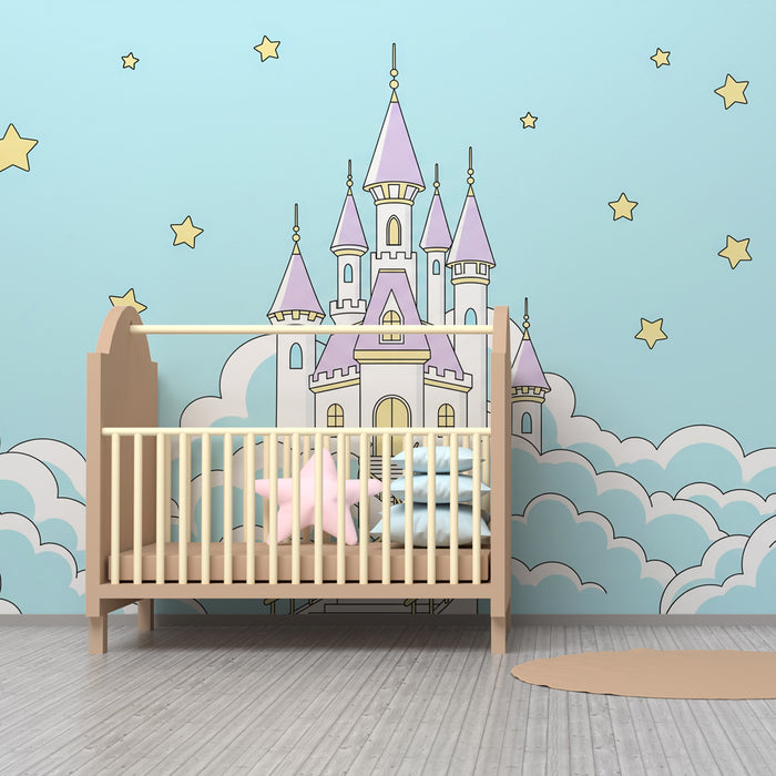 Kids room wallpaper | Magical castle in the sky light blue background