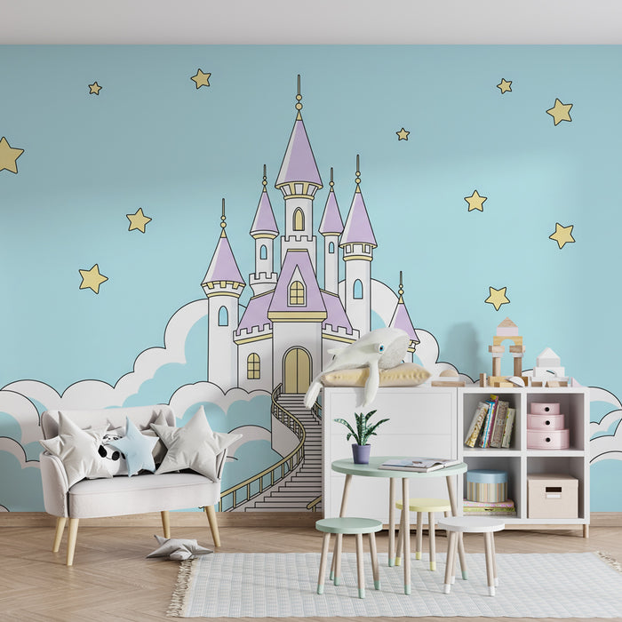 Kids room wallpaper | Magical castle in the sky light blue background