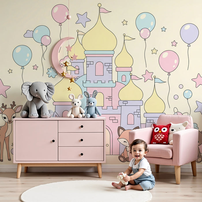 Papel pintado infantil | Castillo mágico y amigos del bosque