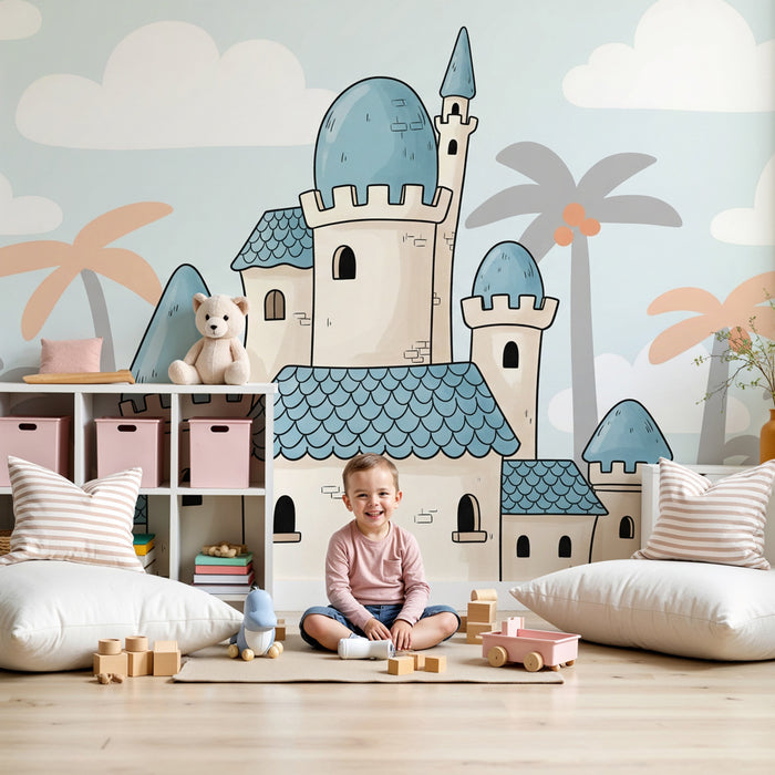 Papel pintado infantil | Castillo mágico y cocoteros