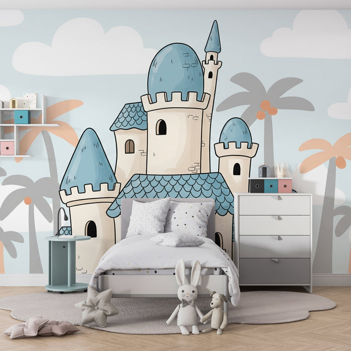 Kids room wallpaper | Magic castle and palm trees