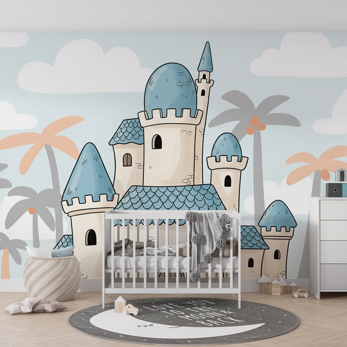 Kids room wallpaper | Magic castle and palm trees
