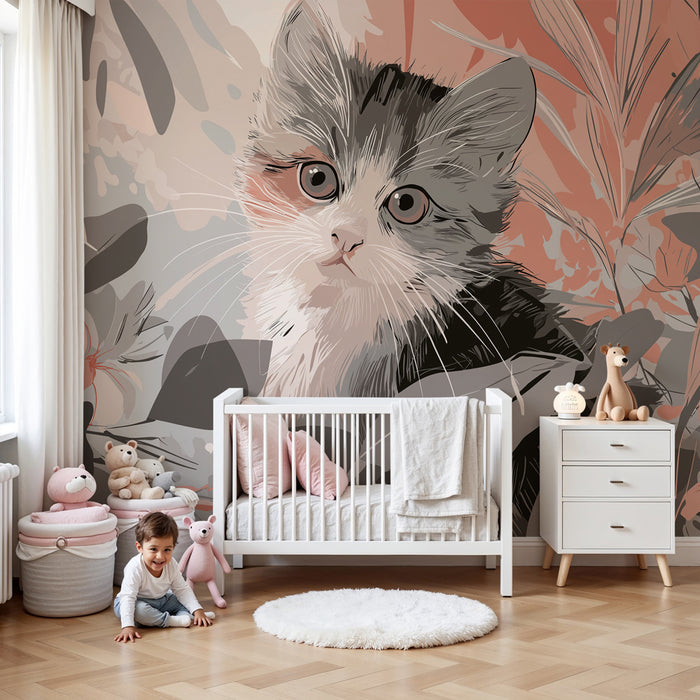 Papel pintado infantil | Gatito curioso en un jardín floral