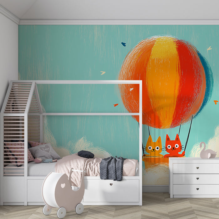 Børneværelse tapet | Katte i luftballon over skyerne