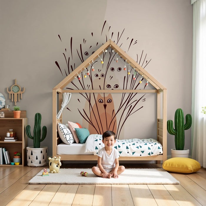Papier peint chambre enfant | Chats et oiseaux espiègles dans les brins d'herbe