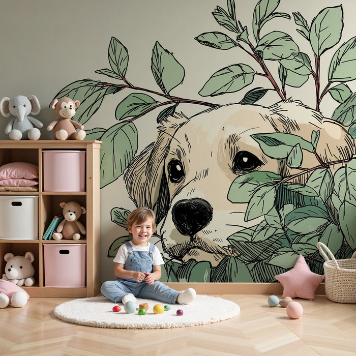 Kids room wallpaper | Curious puppy in the middle of leaves