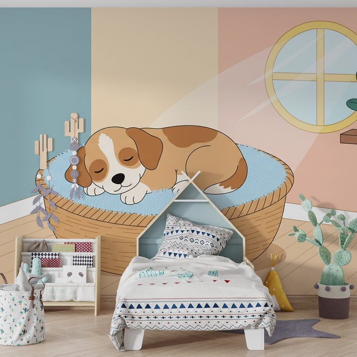 Papier peint chambre enfant | Chiot mignon dormant dans son panier