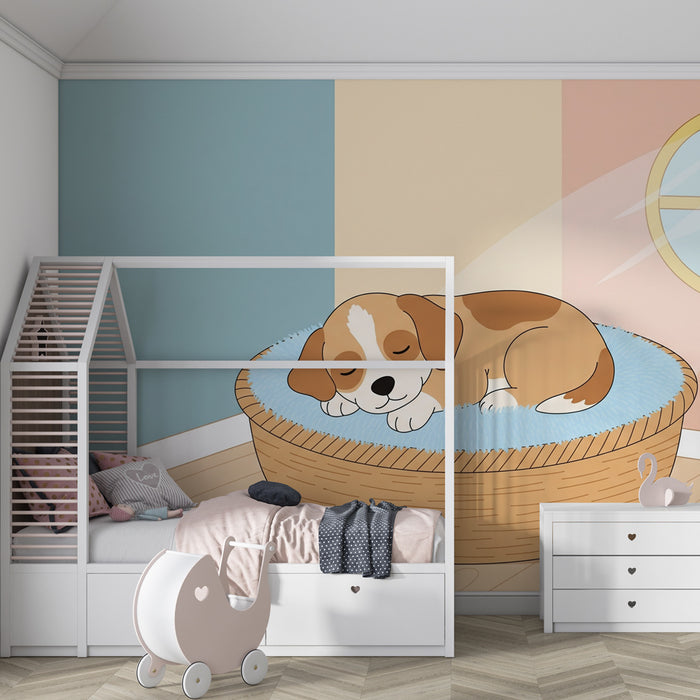 Papier peint chambre enfant | Chiot mignon dormant dans son panier