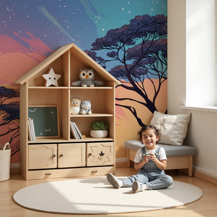 Kinderzimmer Tapete | Sternenhimmel und Baumumrisse
