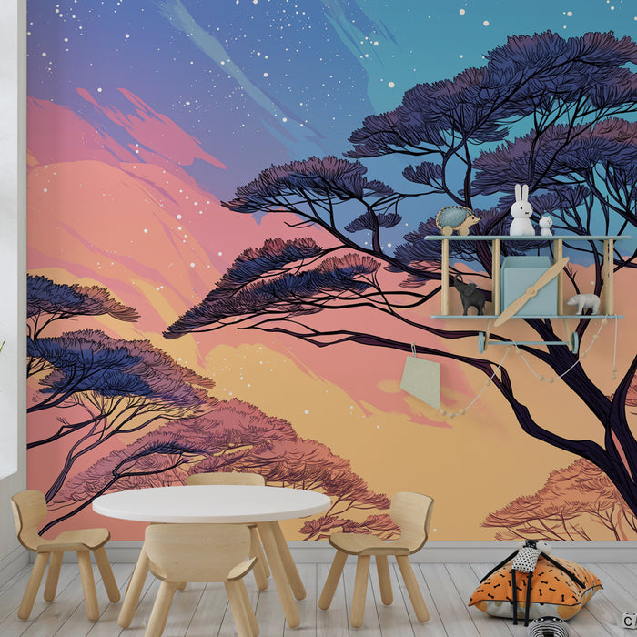 Kinderkamer behang | Sterrenhemel en bomen silhouetten