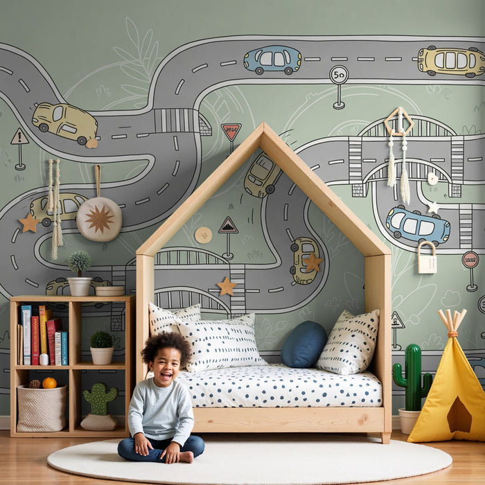 Papel pintado infantil | Circuitos de coche divertidos