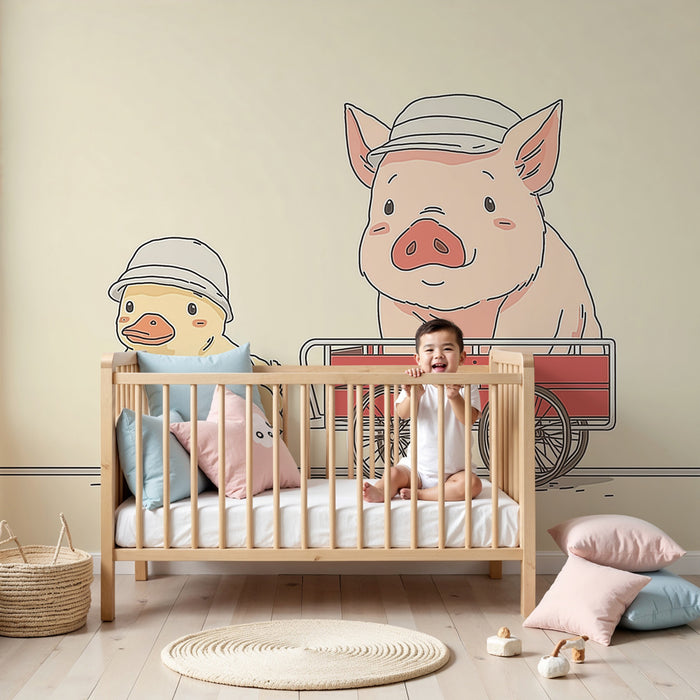 Papel pintado infantil | Divertidos cerdo y pato