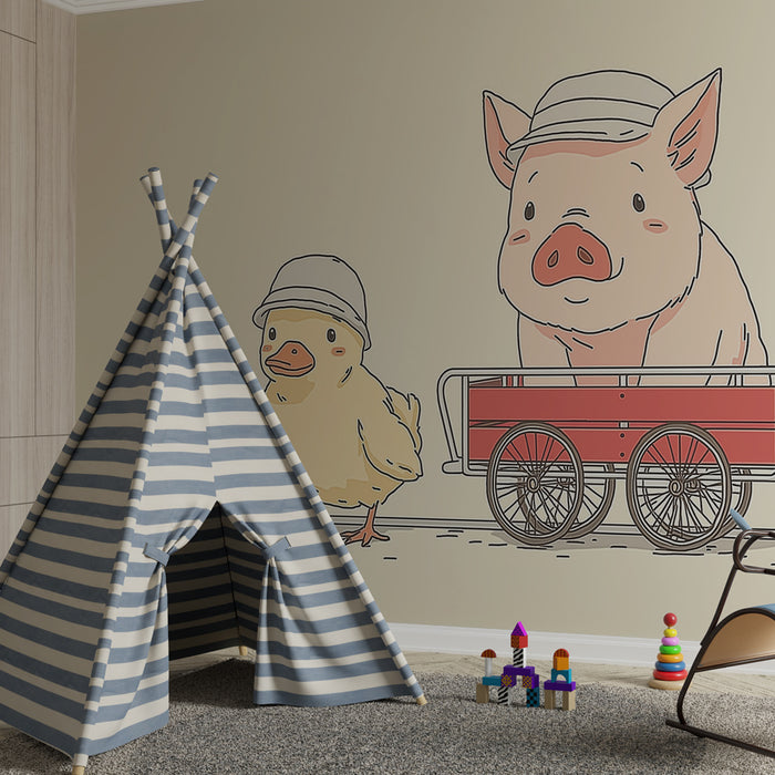 Kinderzimmer Tapete | Lustige Schwein und Ente