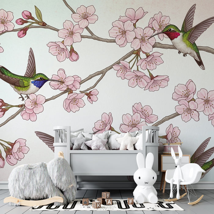 Kids room wallpaper | Hummingbirds and cherry blossoms