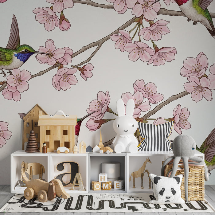 Kids room wallpaper | Hummingbirds and cherry blossoms