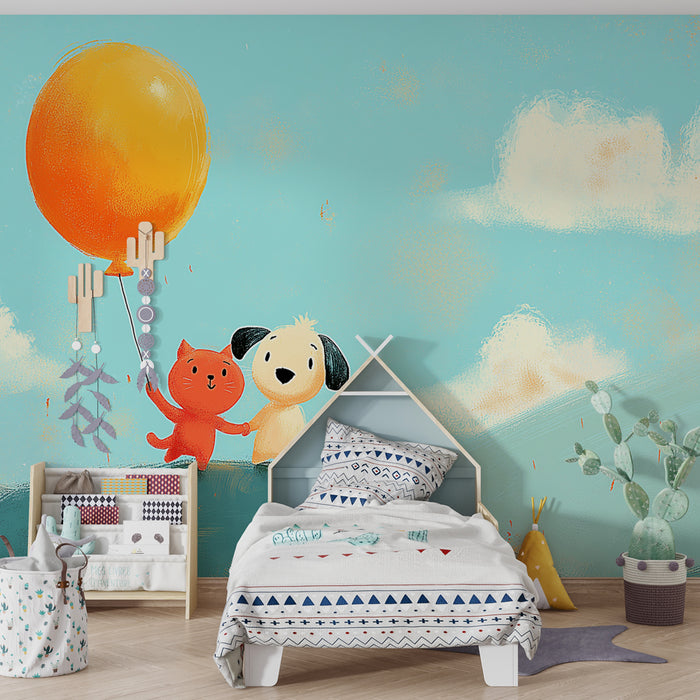 Kids room wallpaper | Complicity between a cat and a dog under a playful sky